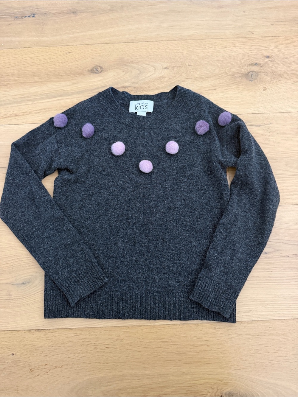 Autumn Cashmere Charcoal Crewneck Sweater with Lavender Pom-Poms